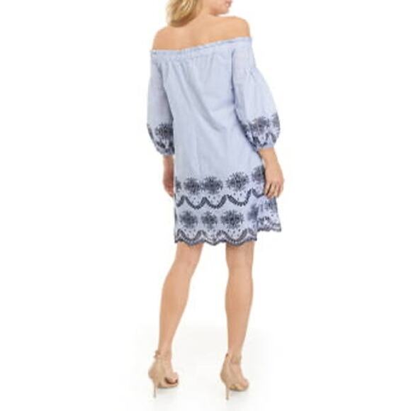 Vince Camuto Women's Off the Shoulder Eyelet Shift Dress Embroidered Hem SZ 14W - Picture 2 of 15